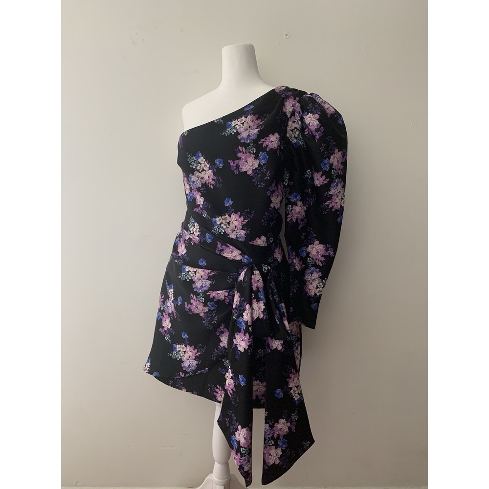 Lovers + Friends Sullie Mini Dress Sz M One Shoulder In Royal Floral Puff Sleeve